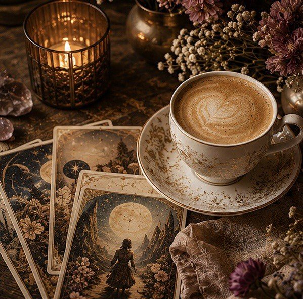 Колода метафорических карт на столе рядом с чашкой кофе и свечой